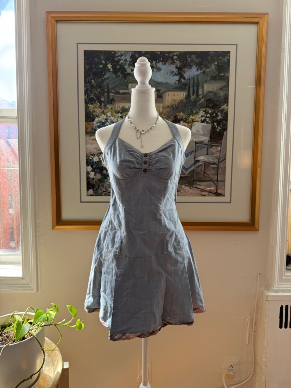 Light Blue Halter Mini Dress with Button Front